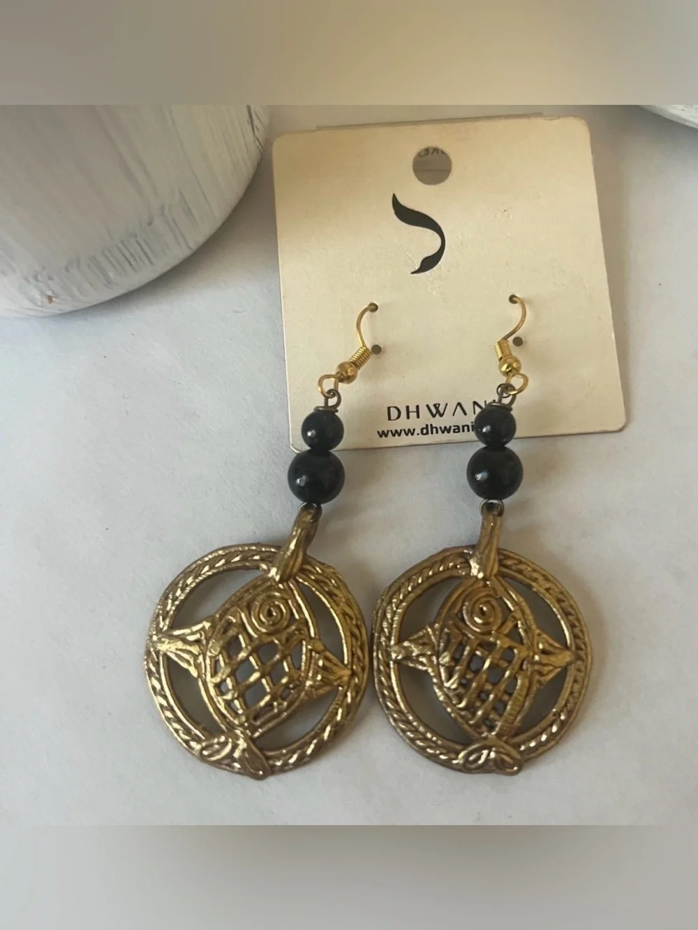 Vintage Gold Owl Drop Earrings with Black Bead Accents